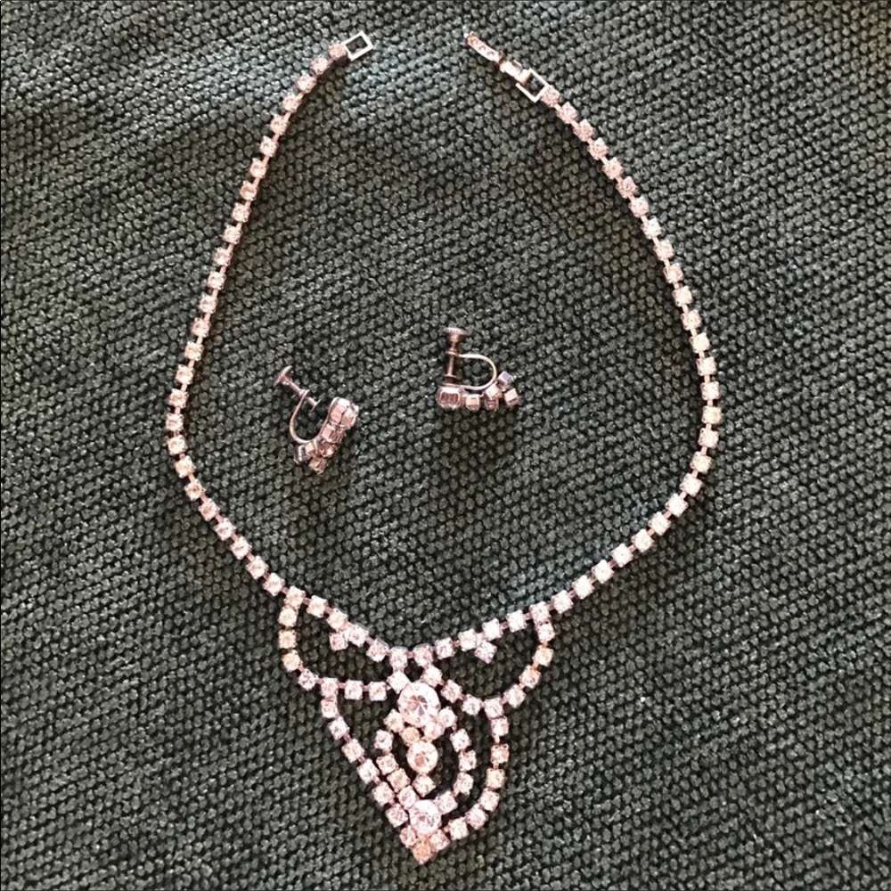 Vintage Rhinestone Necklace and Earrings Set EC
